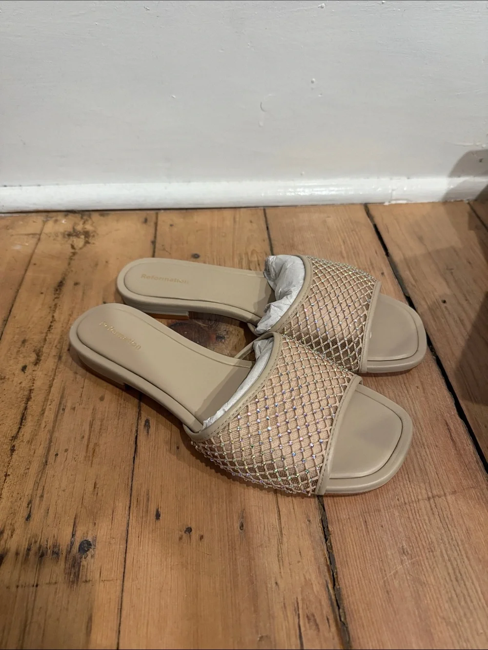 Reformation Eliza Flat Sandal Fawn Rhinestone Mesh - Size 7.5